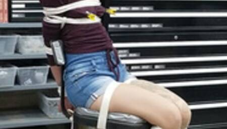 0055 Body Shaking Brutal Bondage in the Workshop – Chair Tie Stress Position Stretches Catherine Sterling in a Sock Gag, Blindfold & Nipple Clamp Pain Predicament! WMV Version