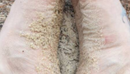 0054 Strolling in the Deep: Fishnet Feet Fondle the Foam of Bahamian Blue Waters - Watch my Wet Barefoot Walk on White Sands! SD Version