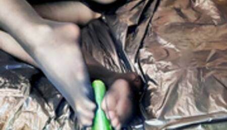 Girl in pantyhose playing hard with cucumber 720p
