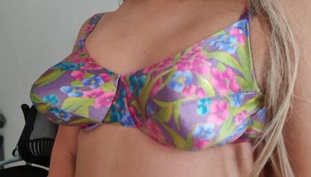 Colorful satin Victoria Sec bra, pointy boobs