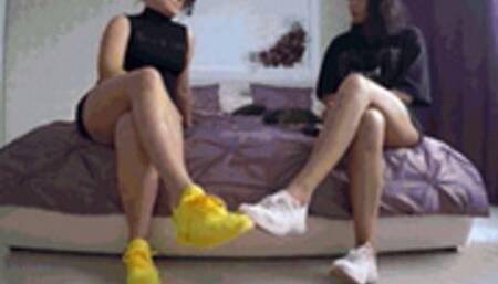 Victoria AND Lory wiggling toes in skinny sneakers 2c