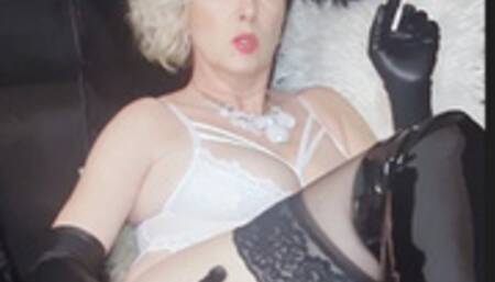 Sexy curvy smoker queen joan shows off her erotic intense smoke of an Eve 120 with black gloves in white lingerie and black vinyl boots Part 1