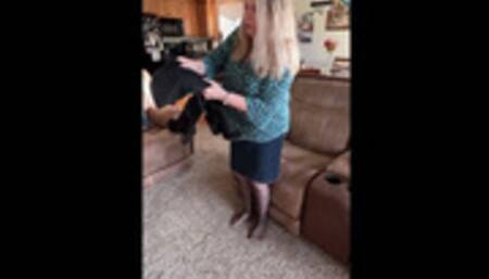 Date Night Seducing as Deb Teases Hubby With Her Denim Skirt, Black Stockings & Black Suede Journee Spritz Over the Knee Boots With a Boot Job