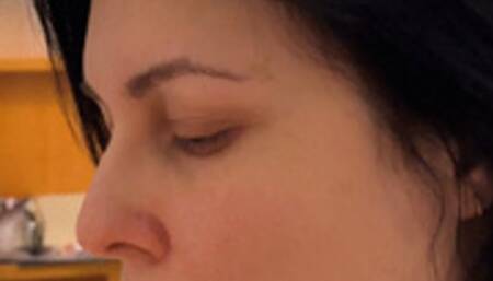 Yellow stained teeth, tasty smoke close up