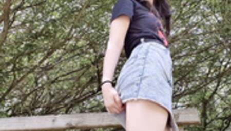 Upskirt outdoor pink panty wetting peeing