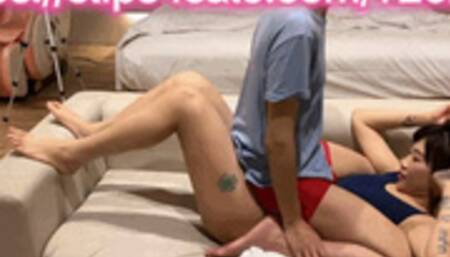 CR138_Sitting on Japanese swimsuit JK's belly