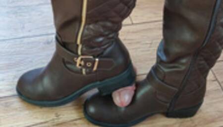 Brown boots shoejob cock trampling