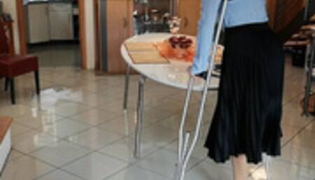 Milf Crutching with cork wedge and peep toe high heel