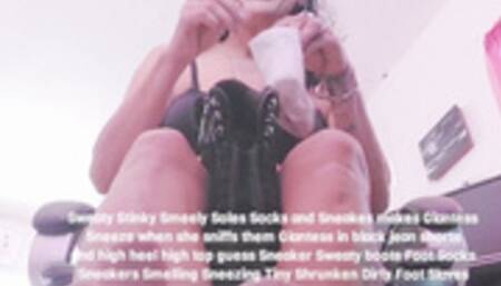 Tinies trapped in Giantesses Sweaty Stinky Smelly Soles Socks and Sneakes makes Giantess Sneeze when she sniffs them Giantess in black jean shorts and high heel high top guess Sneaker Sweaty boots Foot Socks Sneakers Smelling Sneezing Tiny Shrunken Dirty