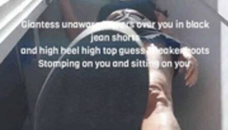 Giantess unaware Towers over you in black jean shorts and high heel high top guess Sneaker boots Stomping on you and sitting on you mkv
