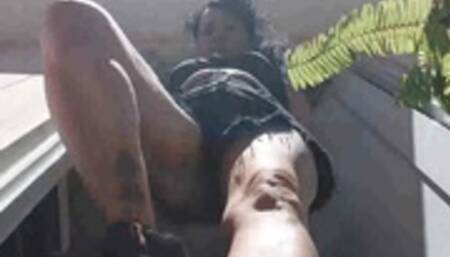 Giantess unaware Towers over you in black jean shorts and high heel high top guess Sneaker boots Stomping on you and sitting on you