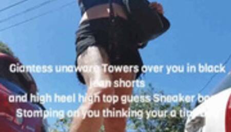 Giantess unaware Towers over you in black jean shorts and high heel high top guess Sneaker boots Stomping on you thinking your a tiny bug mkv