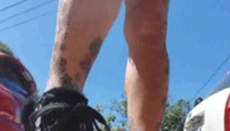 Giantess unaware Towers over you in black jean shorts and high heel high top guess Sneaker boots Stomping on you thinking your a tiny bug avi