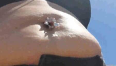 Milf Muffin Top Under Giantess unawares Bouncy Bejeweled Bloated Belly hanging over black Jean's Shorts and a tiny tank top Belly Button Fingering while taking a walk outside avi