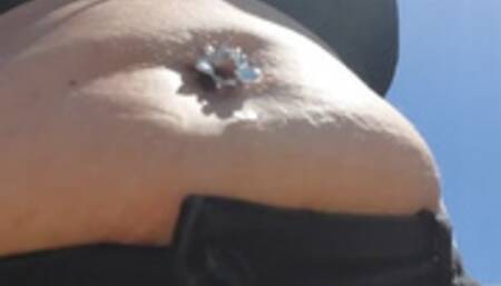 Milf Muffin Top Under Giantess unawares Bouncy Bejeweled Bloated Belly hanging over black Jean's Shorts and a tiny tank top Belly Button Fingering while taking a walk outside