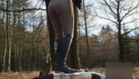 Fullweight cockcrush on cockboard with riding boots in equestrian leggings