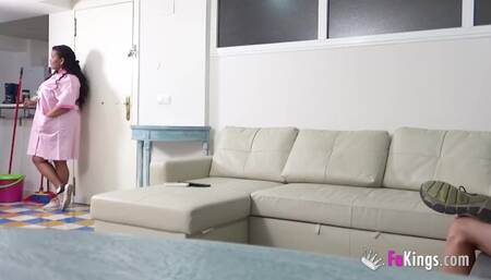 Ebony cleaning lady with the GREATEST BOOBS gets laid with her boss son