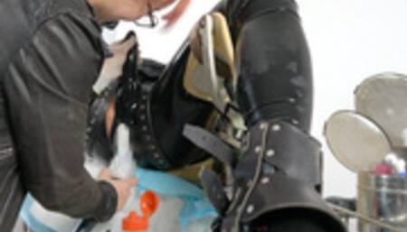 Leather Bondage and Handjob; Cumming in a Brand New Way