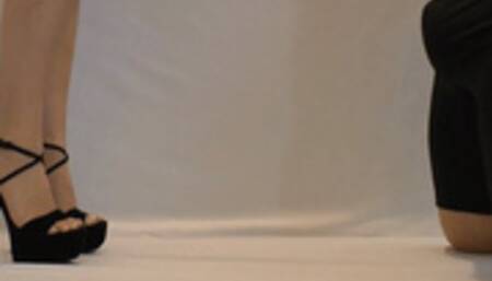 Ballbusting Kicks in Black Strappy Platform High Heels