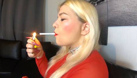 Chain Smoking 2 Cigarettes with Big Red Lips