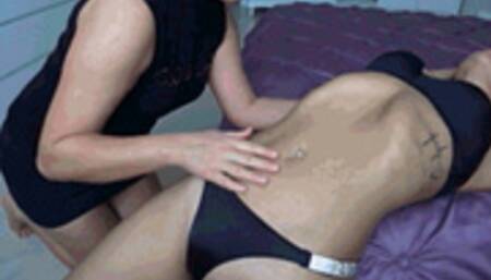 Victoria licks my stretched belly until I cum d