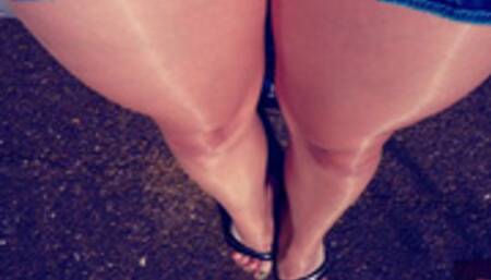 Sandra Jayde 30-05-22 Ultra glossy nylon legs walking in fetish mules and jeans miniskirt (1080p)