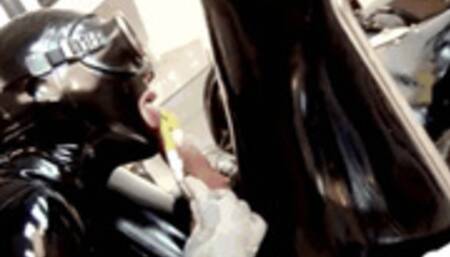 Heavy black rubber piss couple, cum and catheter treatment for the gas mask latex slave - Part 2 of 2