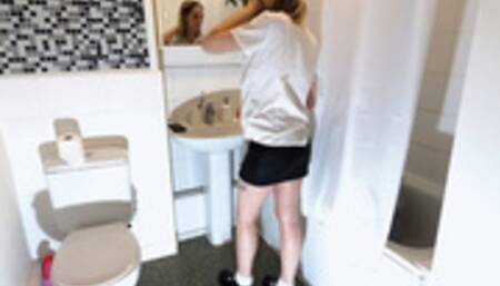 Standing On His Head Whilst Brushing Her Hair In The Mirror 2