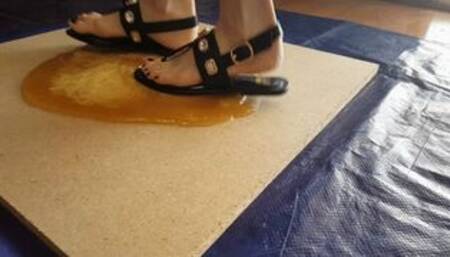 Kay Pop Stuck in Ultra Sticky Glue Trap Wearing Leather Sandals