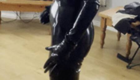 latex rubber catsuit and hood boots then shower in latex and strip