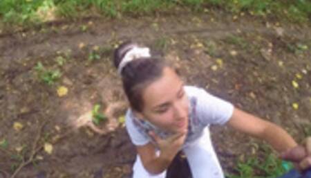 Teen suck cock in the woods and then masturbates next to a tree