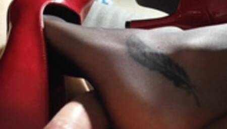 Hot wife with sexy feet trapping her slaves cock in her shoe, foot job, stockings, close up, hot