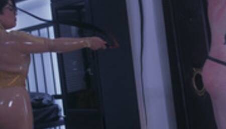 slave meets Mistress Rogue's bullwhip on extreme corporal punishment domination scene