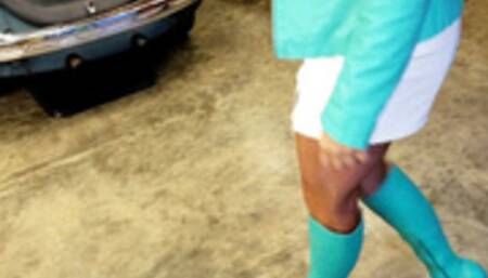 Vivian Ireene Pierce White & Teal Leather Outfit with Oil Sheen Pantyhose