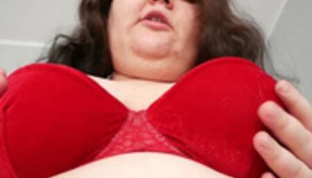 Red velvet bra on big tits