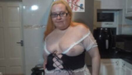 Naughty Wench in white knee boots