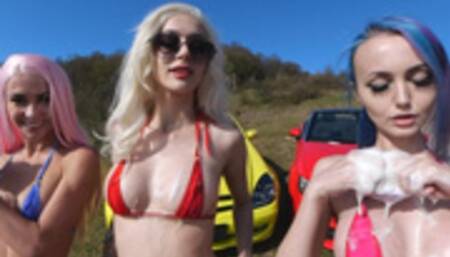 Triple outdoor jerking off on cars