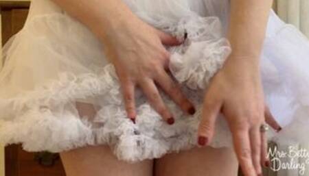 Betty's Boudoir: Black Satin Panties and White Petticoat Upskirt