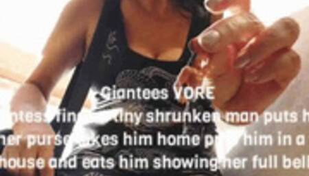 Giantees VORE Giantess finds a tiny shrunken man puts him in her purse takes him home puts him in a tiny house and eats him showing her full belly mkv