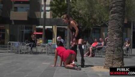 Public BDSM babe naked exposed outdoor by kinky femdom