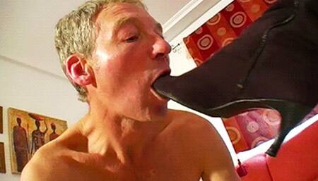 Clean my dirty boots while I fuck your mouth with them - Mistress Amber Leigh & Osel - MP4 Clip