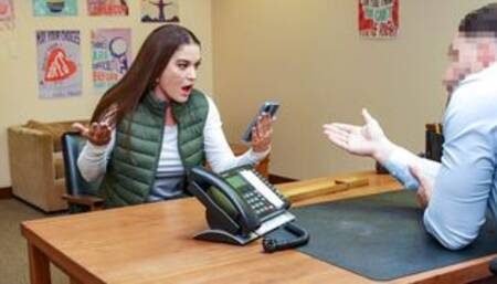 Busty brunette gags head teachers dick