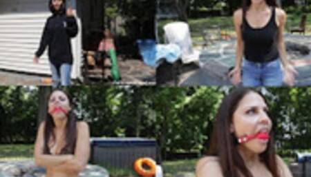 Sprayed to Strip: Intruder Cali Logan gets sprayed with a garden hose and must choose between being naked and bound or being arrested (mob)