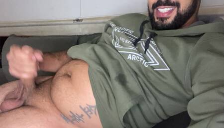 Bearded big cock jerking off and smearing himself with cum