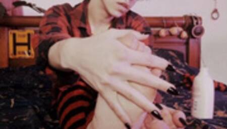 Emo boy lotions bare feet