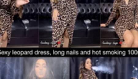 Provocative smoker in a sexy leopard dress!