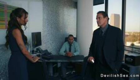 Rich guy fucking tanned brunette babe in his house