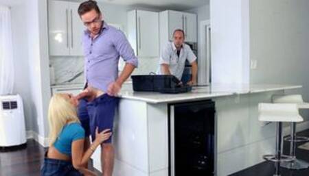 Teen sucking dick in front of worker