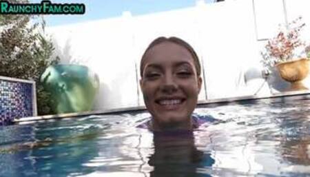 Stepsister POV fucked outdoor on pool after cocksucking