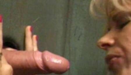 Slut MILF gets her pussy licked and nailed by mature bald dude in the public washroom